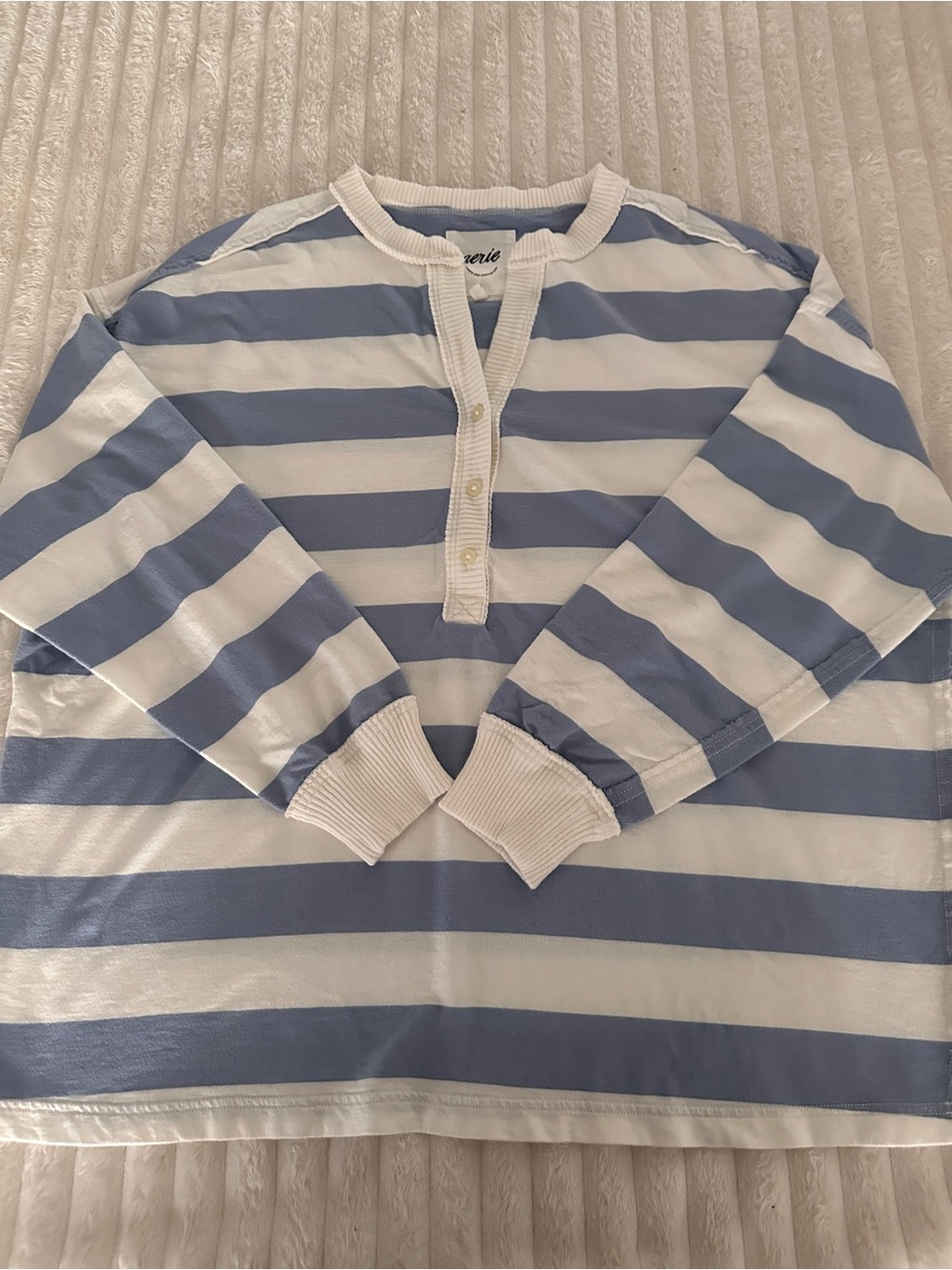 Aerie Striped Rugby Oversized Henley - Cream and Blue - Picture 4 of 9